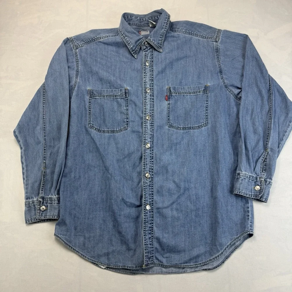Levis Shirt Mens Medium Blue Denim Western Pearl Snap Yoke Cowboy Chambray